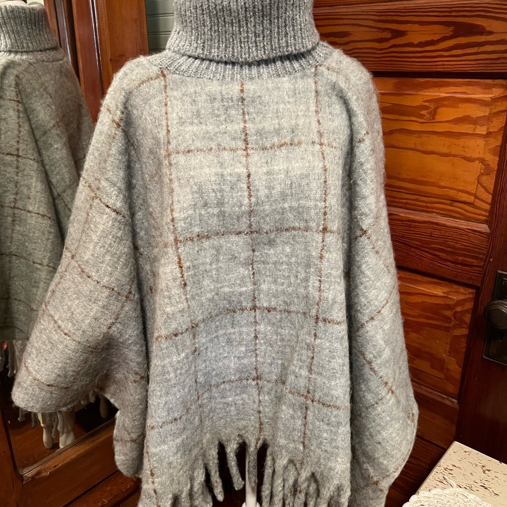 Cost Plus World Market Gray Plaid Sweater Poncho